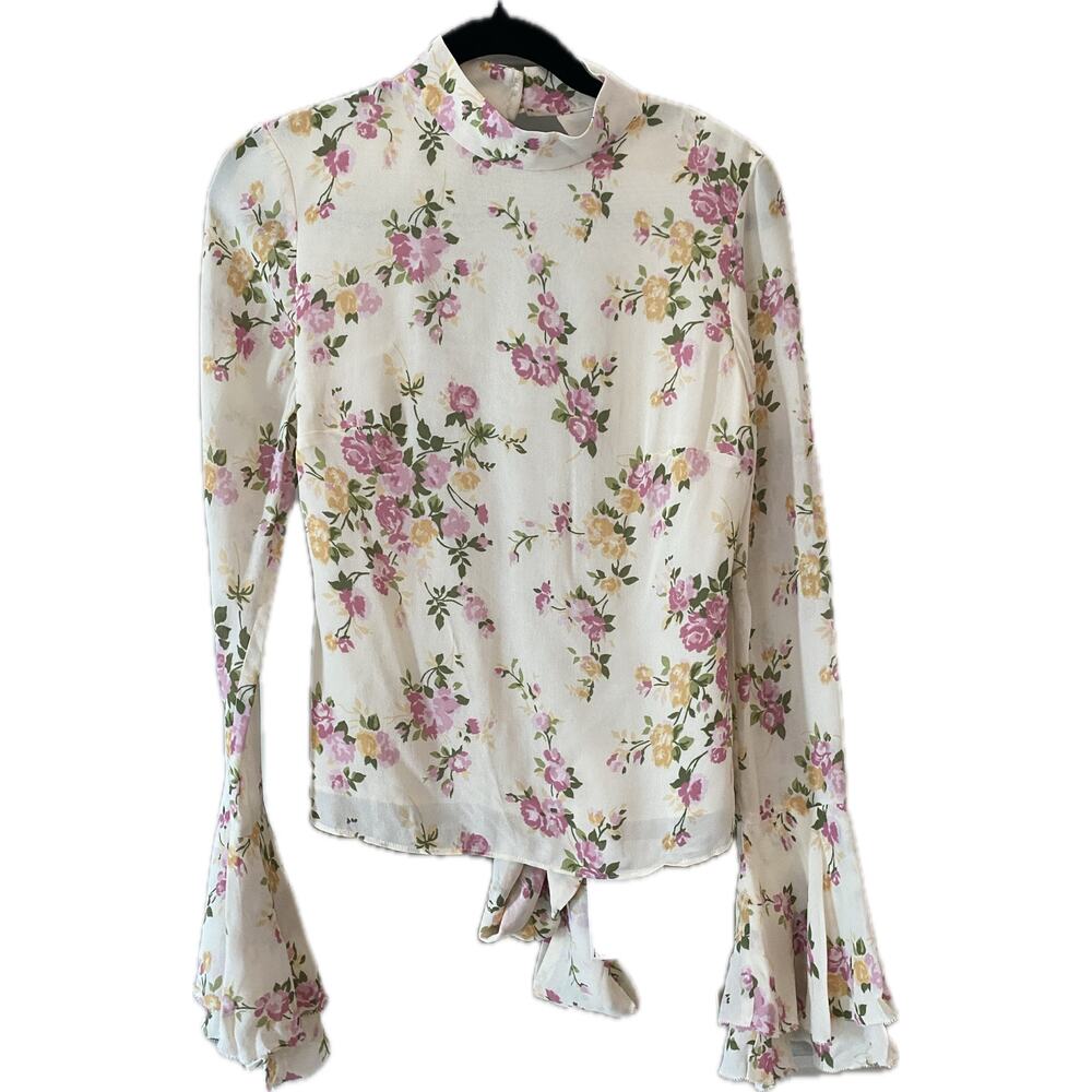 NWT Reformation Roxana Top Posy Floral Print Pink Ivory Open Back Blouse Size 6 - Picture 6 of 7